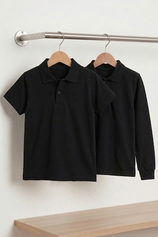 Nacar Store Unisex Çocuk Uzun Ve Kısa Kollu Polo Yaka Okul Tişörtü 2'li Set Siyah