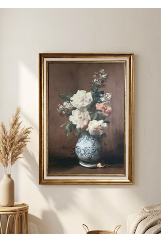Vintage Gold Çerçeveli Tablo - Mavi Beyaz Vazoda Güller - 60x80 Cm
