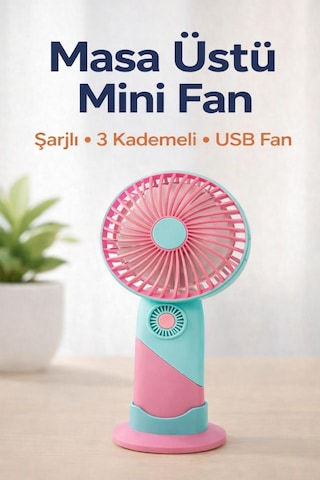 Standlı Şarjlı Mini El Fanı 3 Kademeli, Sessiz, Taşınabilir Masaüstü Vantilatör