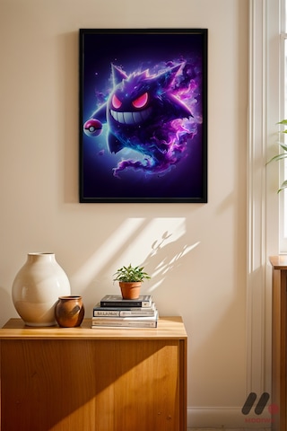 Pokemon Gengar Poster, Siyah Çerçeveli Duvar Tablosu - Anime Severlere Özel Hediye