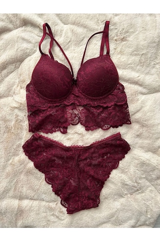 Kadın Mor Destekli Ip Detaylı Dantelli Dolgulu Bralet Takım,fantazi Sütyen,kilot,külot Mor