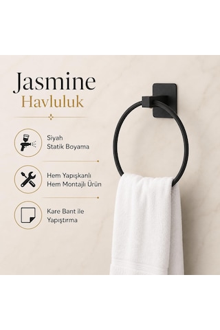 Lexroo Siyah Kare Yuvarlak Havluluk, Yapışkanlı Ve Vidalı Montajlı Duvara Monte Halka Havlu Askısı