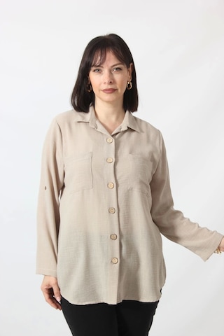 Moda Berray Bb-077 Bej Pamuk Keten Kolu Apoletli İki Cepli Kadın Büyük Beden Gömlek Bej