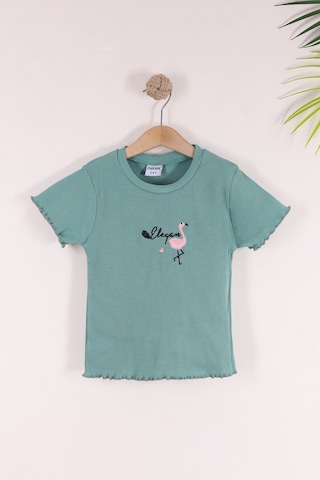 Monox 5-12 Yaş Kız Çocuk 3'lü Nakışlı Fitilli Tshirt Likralı Esnek Yazlık Body Set Taş Yeşil Nar