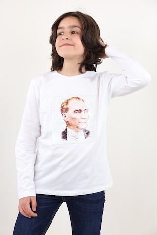 Toontoy Kids Toontoy Unisex Çocuk Atatürk Bayraklı Çift Taraflı Pullu Tişört Beyaz