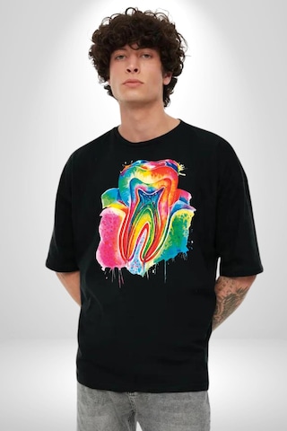 Diş Doktoru Diş Anatomisi Özel Tasarım Pamuklu Bisiklet Yaka Unisex Oversize Boyfriend Dijital Baskılı Siyah T-shirt Siyah