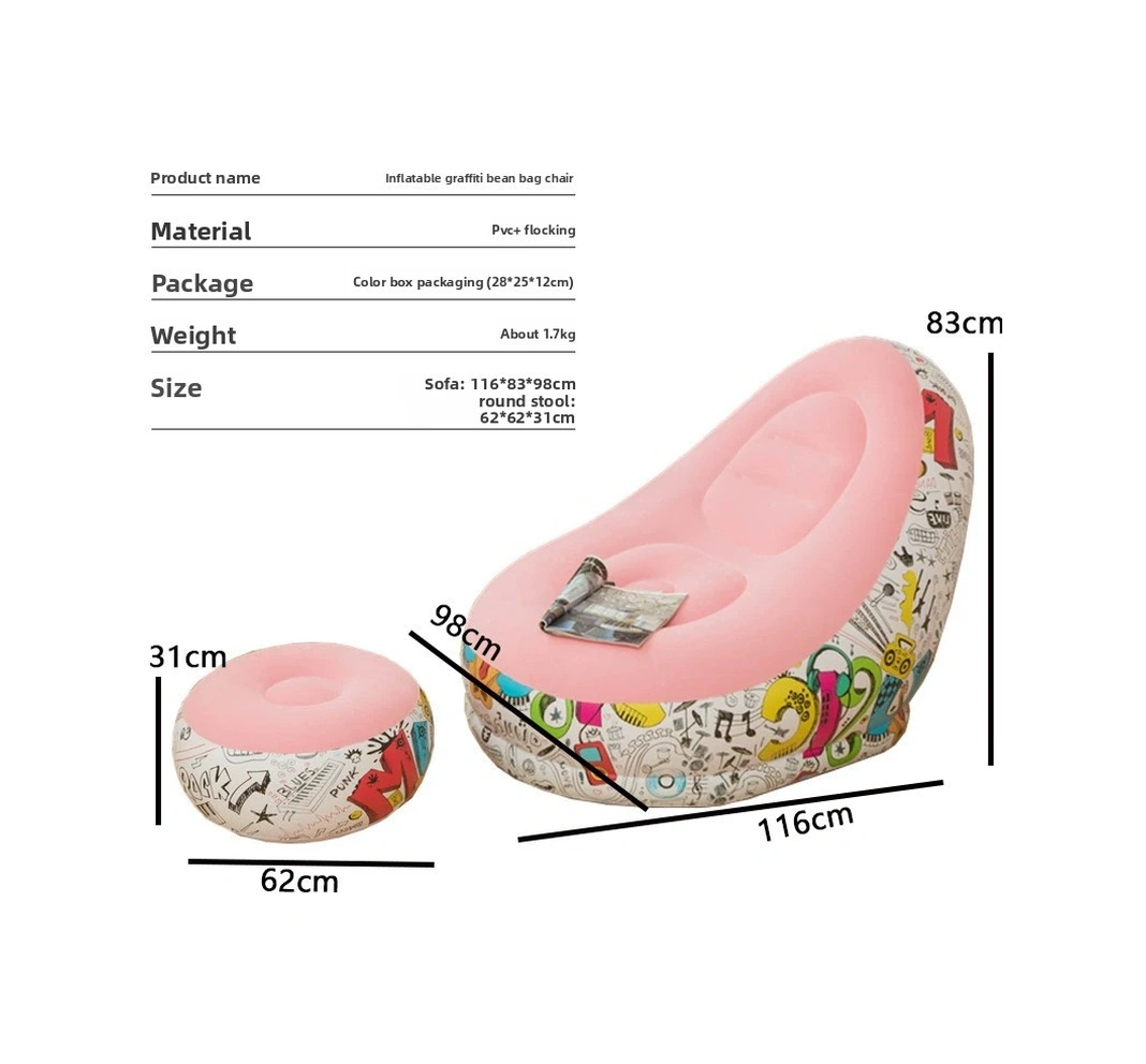 Şişme Lazım Koltuk Ayaklı Set Katlanır Peluş Pvc Salon Şezlong Seti Makaron Tozu 116 98 83cm 1.8kg Pembe
