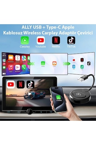 Usb+type-c Apple Kablosuz Wireless Carplay Adaptör Çevirici -youtube Netflix Tiktok Video Yansıtıcı- 5775 Siyah
