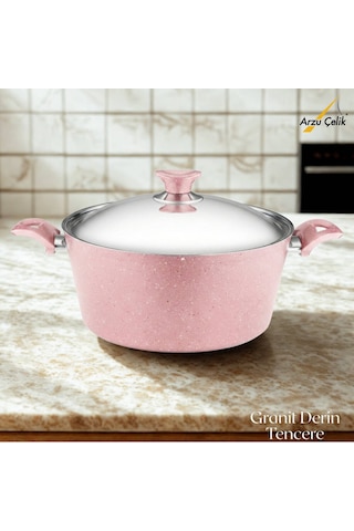 24 Cm Granit Derin Tencere Çelik Kapak - Pembe Pembe