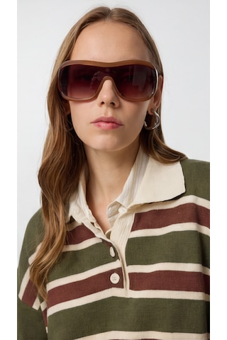 Modeva Global Kadın Çizgili Polo Yaka Triko Kazak Düğmeli, Oversize Rahat Kesim, Trend Günlük Stil Haki - Kahverengi