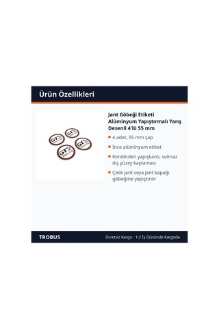 Trobus Jant Göbeği Etiketi Alüminyum Yapıştırmalı Yarış Desenli 4'lü 55 Mm