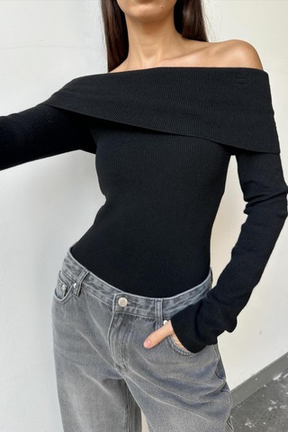 Madmext Siyah Madonna Yaka Uzun Kollu Triko Kazak Mg2184 Siyah