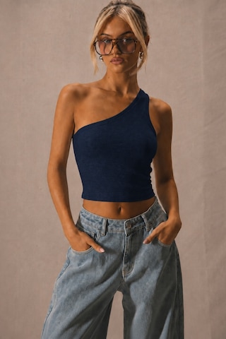 Tarz Cool Kadın Tek Omuz Crop Atlet Esnek Slim Fit Süprem Kumaş Asimetrik Yaka Bluz Lacivert