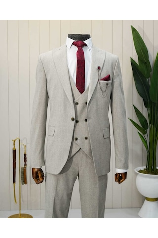 Bys Beystil Sivri Yaka Krem Takım Elbise Muline - Slim Fit