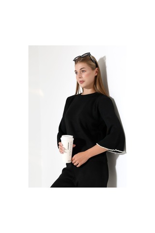 İnci Volanlı Kol Detaylı Triko Takım Siyah