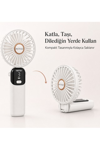 Mkio Şarjlı El Vantilatörü 5 Kademeli, Katlanabilir Dijital Ekranlı Mini El Fanı, 1200 Mah, 5 Pervaneli Güçlü Hava Akışı, Standlı Masaüstü Fan, Usb Şarjlı -beyaz