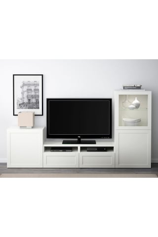 Tv Ünitesi, Beyaz-şeffaf Cam, 240x40x128 Cm, Hanvıken/sındvık, Fren Raylı Beyaz