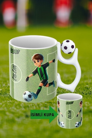 Siyah Beyaz Futbol Toplu Yeşil Siyah Forma Oyunculu Taraftar İsimli Baskılı Kupa Bardak Beyaz