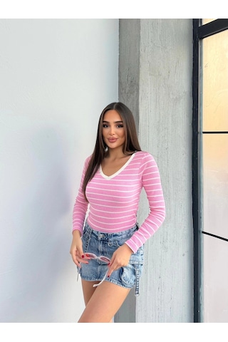 V Yaka Çizgili Bluz Pembe A3699 Pembe