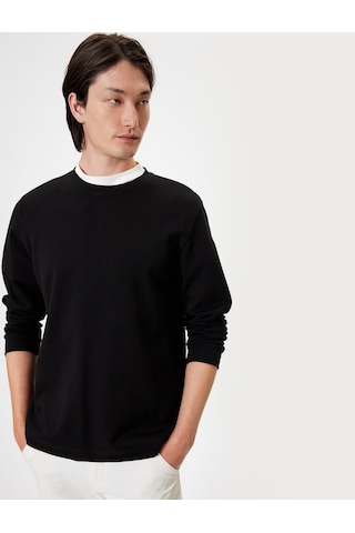 Koton Bisiklet Yaka Sweatshirt Basic Uzun Kollu Pamuklu İnterlok Kumaş Siyah 5wam70095mk Siyah