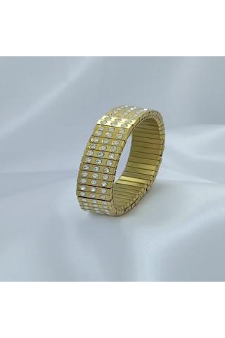 Yeni Sezon Vip Özel Seri Paslanmaz Çelik Esnek 3 Sıra Taşlı Altın Kaplama Kadın Bileklik Gold