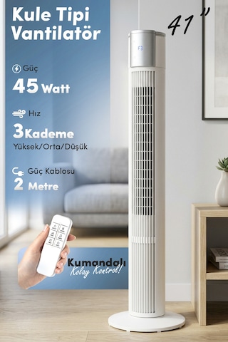 7go 7gtf2 41 İnç Kule Tipi Vantilatör Beyaz 45w Turbo Force, Uzaktan Kumandalı, Sessiz, Zaman Ayar