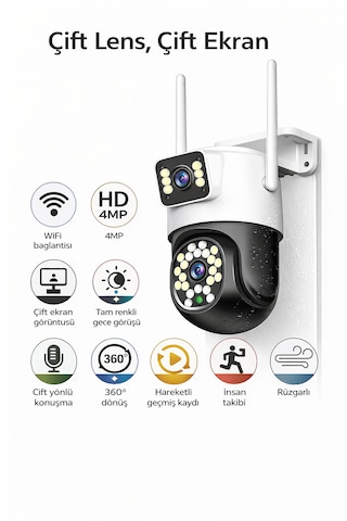 4mp Dual Kamera 360 Wifi Ip Kamera Renkli Gece Görüşlü, İnsan Takipli, Dış Mekan Güvenlik Kamerası