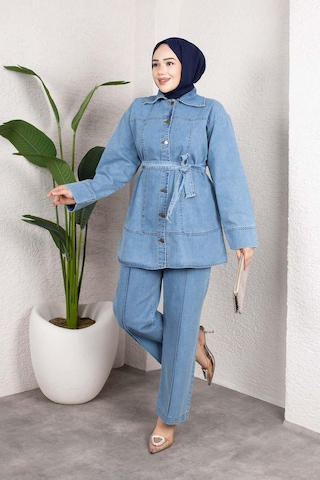 Misskayle Kuşaklı Düğmeli Denim Takım Rahat Kesim İkili Kombin Buz Mavisi Buzmavi