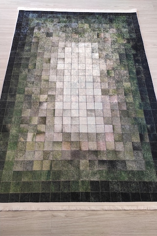 Yeşil Siyah Krem Damax Desenli Salon Halısı Butik Halı Modelleri