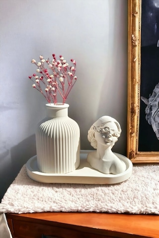 Dekoratif Kadın Figür Mini Kuru Çiçek Vazosu Set Beyaz