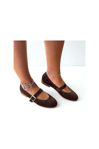 Ne&ve Shoes Kahve Süet Hakiki Deri Yuvarlak Burunlu Tokalı Kadın Babet Kahverengi