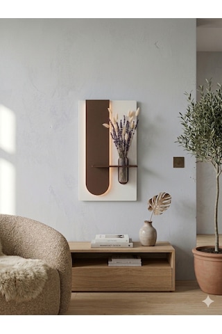 Okaliptus Ahşap Pilli Ledli İskandinav Tarzı Salon Duvar Rafı Modern Çiçeklik 40 X 70 Cm Paris Grisi - Ahşap Ceviz