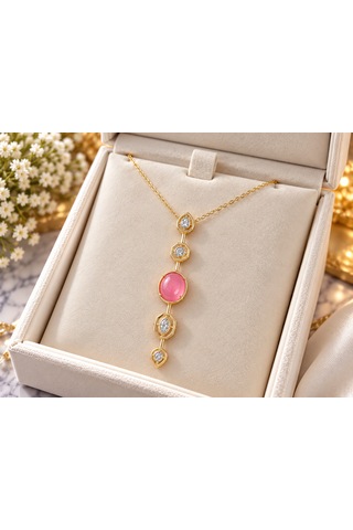 Terragolds Çelik Zincir Pembe Gold Renk Zirkon Taşlı Y Kolye - Bko10556