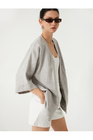 Koton Keten Karışımlı Kimono Kısa Geniş Kol Cepli Bej Desenli 4sak50145pw Ekru