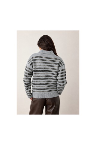 Maison Velora Kadın Mavi Siyah Çizgili Basic Oversize Polo Yaka Yarım Pat Düğmeli Triko Kazak-27aj002 Mavi 923050279 Mavi