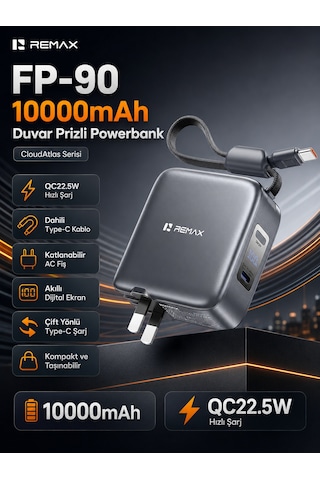 Remax Cloudatlas 10000mah 22.5w Dahili Type-c Kablolu & Katlanır Fişli Powerbank Adaptör Fp-90 Mat Gri Koyu Gri