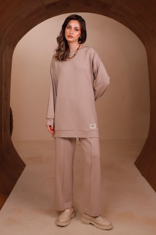 Balenbi Kadın Oysh Modal Kumaş Oversize 80 Cm Tunik Bol Paça Pantolon Tesettür Takım 1228 Bej