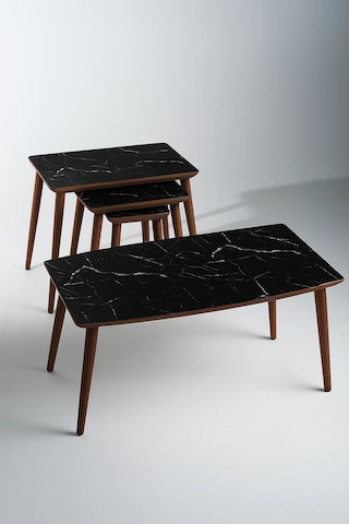 İstanbul Orta Sehpa Ve 3'lü Zigon Sehpa Seti Siyah Mermer Desen