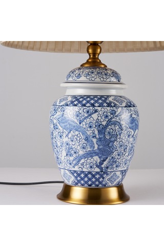 Elea Blue Blanc Desenli Seramik Oturma Odası Salon Abajur Lacivert