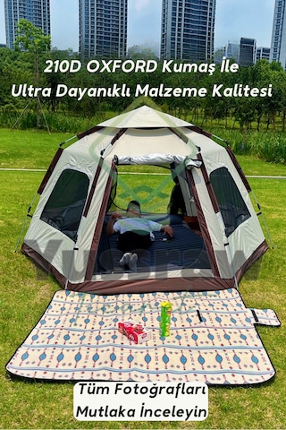 4-8 Kişi 6 Gen Kamp Çadırı Taşınabilir Otomatik Çadır Güneşlik Kamp Hızlı Açık Çadır 280 280 158 Bej