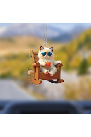 Araba Ayna Süsü, Araba Süsü, Çanta Aksesuarı - Keyifli Kedi - Pleksi Malzeme, Uv Baskılı - 008 8x6 Cm