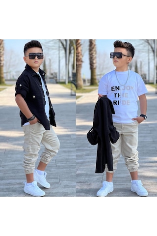 Modavals Cep Ve Kol Detaylı Düğmeli Ceket Baskılı Tişört Ve Kargo Pantolon 3 Parça Erkek Çocuk Takım-589274601 Siyah