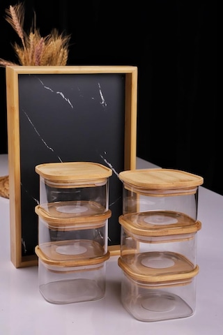 Duo 400ml 6'lı Bambu Siyah Mermer Desen Tepsili Bambu Vakumlu Kapaklı Cam Kahvaltılık Bambu