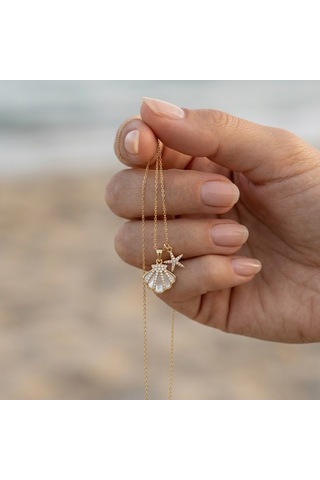 925 Ayar Gümüş Altın Kaplama Sedefli Midye Kabuğu Ve Deniz Yıldızı Kolye Gold