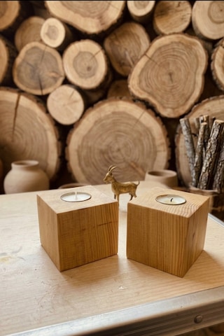 Doğal Masif Ahşap Küp Mumluk - 2'li Set Hediyelik Tealight Mum Tutucu Dekoratif Obje