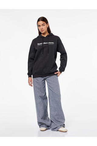 Koton Uzun Kollu Kapüşonlu Arkası Baskılı Oversize Sweatshirt Antrasit 6wal10555ık Antrasit