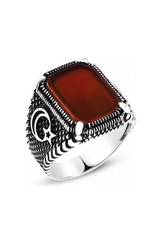 Gümüş Ay Yıldız Desenli Kare Akik Taşlı Erkek Yüzük