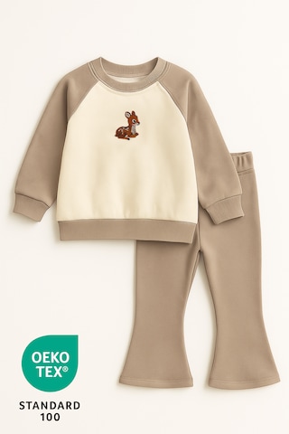 Luppinos Baby Deer 2' li Pamuk Nakışlı İki İplik İspanyol Paça Üst Takım Krem