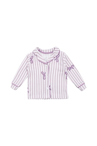 Bebegen Kız Bebek Beyaz Lila Fiyonklu Çizgili Pijama Takımı