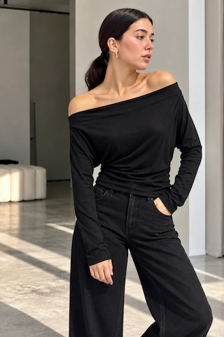 Bb Butik Basic Kadın Madonna Yaka Dökümlü Modal Uzun Kollu Bluz My3535 siyah